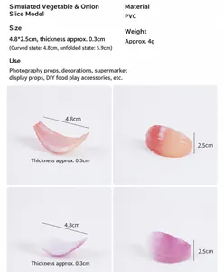 Detailed view of simulated onion slice toy with dimension measurements and PVC material info