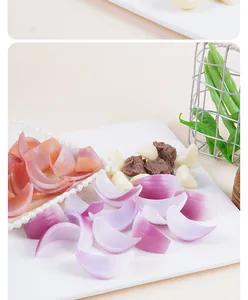Detailed close-up of realistic artificial onion slices and garlic for play kitchen sets