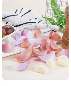 Detailed macro view showing realistic simulation purple onion slices and garlic cloves for play