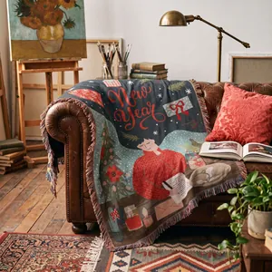 Bohemian woven throw blanket with festive New Year pattern displayed in a cozy room