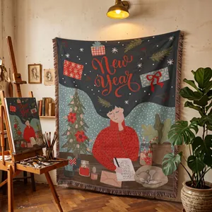 Artistic lifestyle detail of a woven New Year tapestry hanging in a creative studio