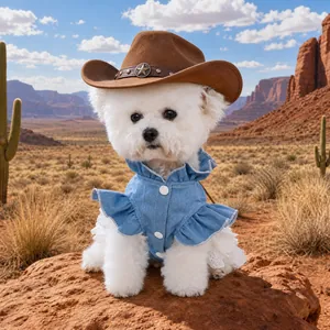 Cute pet Texas cowboy costume set with denim ruffle dress and brown hat for small dogs