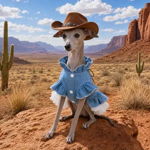 Adorable Texas cowboy denim dog dress with white lace trim and brown western hat