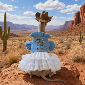 Western cowboy style dog denim dress with white ruffled lace skirt and matching hat