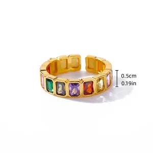 Close-up of 18K gold plated ring with colorful zircon stones and 0.5cm width mark
