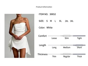 Detailed specifications for this elegant strapless irregular white French mini dress.