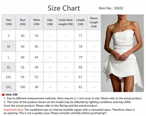 Detailed white strapless irregular hem dress size chart with model fit illustration