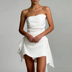 Elegant white strapless mini dress with pleated bodice and irregular hem