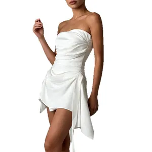 Elegant white strapless asymmetrical dress with ruched detail and French chic style