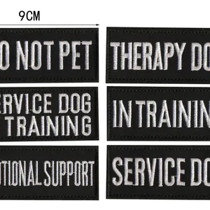 Tactical black and white embroidered service dog training patches with velcro, 9x4cm.