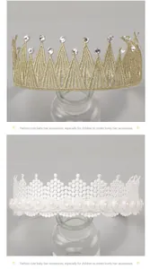 Detail view of golden rhinestone and white lace pearl crown headbands for children