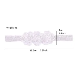 Measurement detail of children's white lace flower headband showing 18.5cm length
