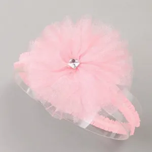 Lovely sweet pink mesh flower baby headband with sparkling rhinestone center detail