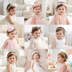 Sweet Baby Girls Flower Lace Hairbands Rhinestone Artificial Pearl Crown Elastic Headbands Princess Cat Ear Hair Accessories