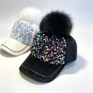Damen Winter Pailletten Strass Baseballkappe Mit Kunstpelz-Bommel Mohair-Mischung Warm Mode Bling Snapback Hut Für Damen