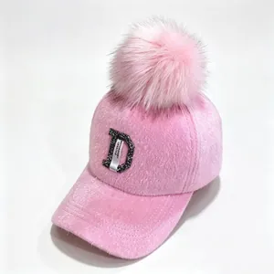Dames Winter Warm Fluweel Mohair Honkbalpet Grote Nepbont Pompon Strass Letter Mode Verstelbare Pet Voor Kinderen Volwassenen