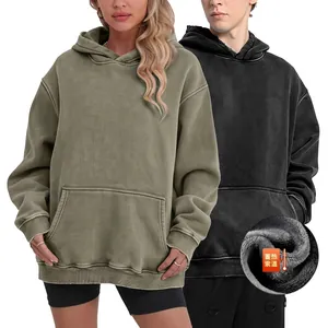 Sweat à Capuche Américain Vintage Lavé Épais Doublé en Molleton pour Hommes Streetwear Oversized Couleur Unie Chaud Hiver