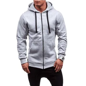 Premium grey men's casual slim fit zip-up hooded sweatshirt with kangaroo pockets