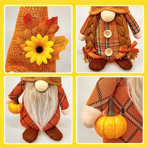 Detailed views of autumn harvest gnome with pumpkin, sunflower, and plaid textures.