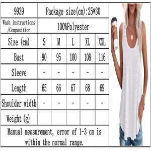 Tableau des tailles détaillé pour haut sans manches blanc ample à col rond pour femmes
