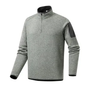 Grey men's half-zip fleece jacket featuring a sleeve pocket for autumn and winter warmth
