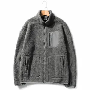 Men's warm dark grey lambswool fleece jacket with zipper pockets and stand collar