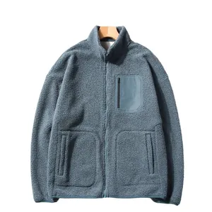 Blue sherpa fleece zip-up jacket for men and women, thickened warm winter polar fleece coat