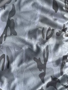 Macro detail shot showing the breathable texture and gray camouflage pattern of sports fabric