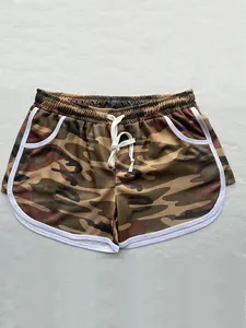Breathable camouflage mesh sports shorts featuring an adjustable white drawstring waist