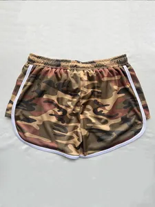 Close-up detail of breathable camouflage sports shorts featuring mesh fabric texture
