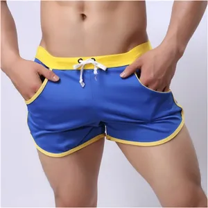 Men's breathable blue mesh athletic running shorts with yellow contrast trim and drawstring