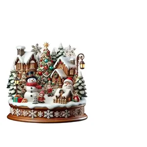 Superbe décoration de village de Noël enneigé avec le Père Noël et un bonhomme de neige