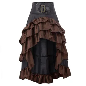 Close-up detail of vintage high-low ruffled skirt with layered tiers and wide belt