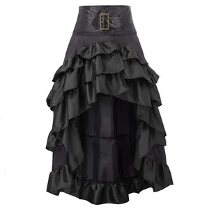 Close-up of a vintage black high-low tiered skirt with ruffled layers and a waist buckle