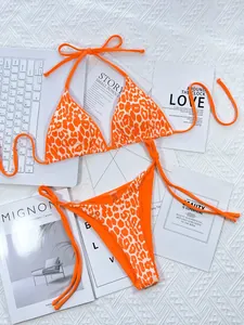 Maillot de bain deux pièces léopard orange sexy avec liens latéraux pour les vacances