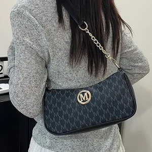 Women Fashion PU Leather Crescent Underarm Bag Vintage M Letter Monogram Printed Shoulder Crossbody Bag With Metal Chain Buckle