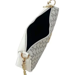 Elegant white crescent underarm bag with grey M monogram pattern and gold chain strap