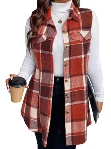Gilet da donna casual a quadri rossi, senza maniche, lungo e con bottoni frontali