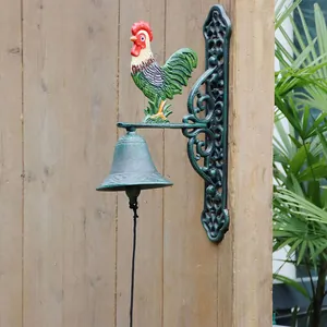 Timbre de puerta rústico de hierro fundido con gallo vintage y campana de metal para jardín