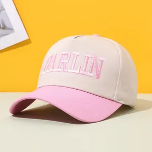 Retro beige and pink baseball cap with embroidered DARLIN text for outdoor sun protection