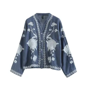 Loose long-sleeve Tencel shirt for women featuring ethnic floral embroidery and V-neck