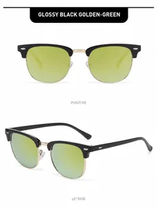 Detailansicht der glänzend schwarz-goldenen Halbrand-Sonnenbrille mit grünen Gläsern.