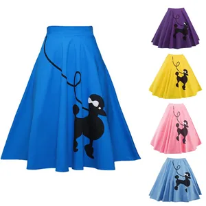 Jupe Caniche Vintage des Années 1950 pour Femmes en Coton Taille Haute Évasée Jupe Midi Rétro à Motif Animal pour Fête