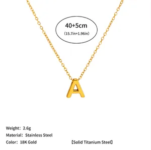 Detailed view of 18K gold stainless steel initial A necklace with measurements