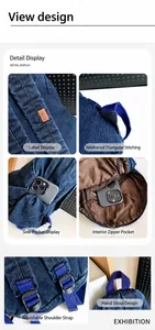 Detailansichten eines kleinen Vintage-Rucksacks aus gewaschenem Denim mit Taschen und Gurten