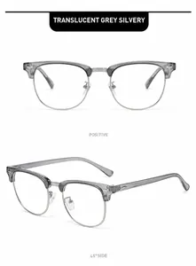 Detailansichten der halbgerahmten Brille in Transluzent-Grau und Silber aus verschiedenen Winkeln