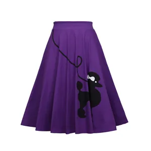 Jupe midi violette évasée style vintage années 1950 avec imprimé graphique caniche noir