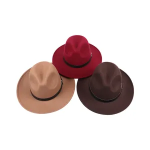 Three classic wool felt fedora hats in tan, wine red, and brown vintage jazz style