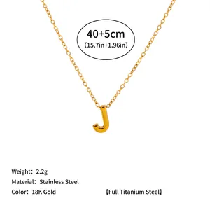 Detail view of 18k gold plated stainless steel initial J necklace with chain length specs.
