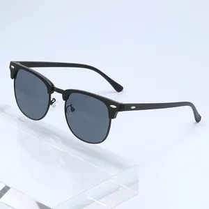 Classic retro unisex clubmaster sunglasses with black frame and silver rivet details for sun